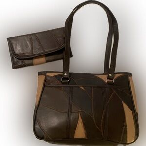 Leather free-form patchwork shoulder bag and wallet EUC